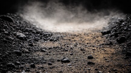 Dark, rocky terrain with hazy, light-filled center
