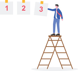 Businessman on ladder attaching number one paper on a line of numbers,
