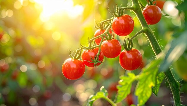 Fresh red cherry tomatoes on the vine with green leaves, organic garden vegetables growing naturally under sunlight, healthy farm produce close-up.