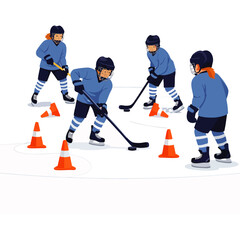 Obraz premium Young ice hockey players in blue jerseys practice stickhandling and skating drills around orange cones on an ice rink, developing athletic skills.