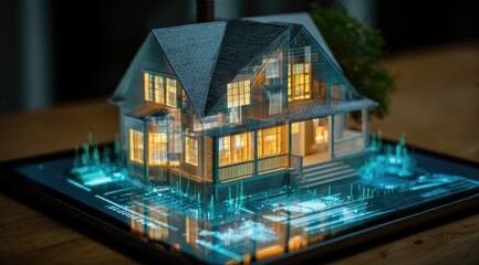 Digital model of a house displayed on a tablet.  Interior and exterior architectural details illuminated with glowing light.  Overlayed data points depict construction data.  Wooden table surface