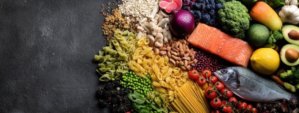 Colorful array of various food items on a dark surface
