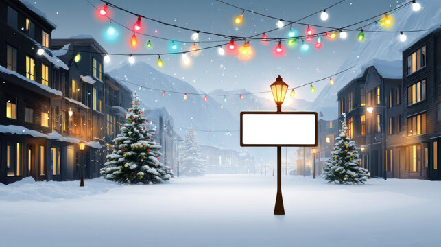 snowy winter village scene, colorful Christmas lights decorating the streets empty signpost space text. Merry Christmas Happy Holidays greeting card, framebanner. New Year. Noel. Winter - Powered by Adobe