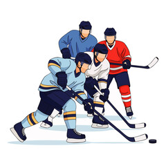 Dynamic illustration of ice hockey players in action on the rink, competing for the puck with their sticks during an intense game or training session.