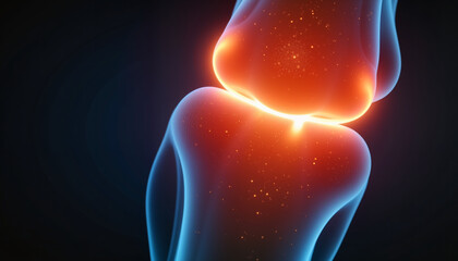 Digital illustration of a knee joint with glowing elements  