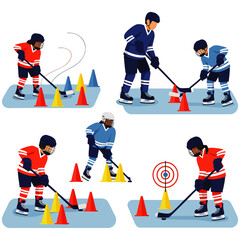 Fototapeta premium Vibrant illustration of young ice hockey players practicing crucial techniques like stickhandling, skating, and shooting during dynamic training drills on ice.