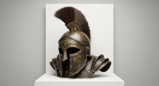 Aged metal Greek helmet with crest on a white pedestal against a plain background