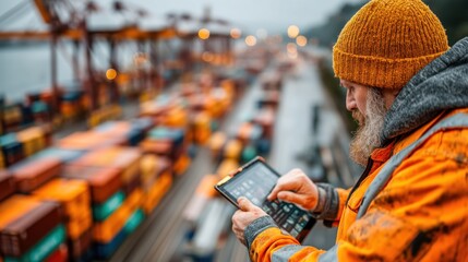 A dock worker checks his tablet amidst colorful shipping containers, highlighting the blend of technology and logistics in the transport industry.
