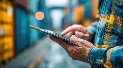 A person in a checkered shirt uses a tablet in a colorful, industrial setting, suggesting technology and modern work environments.