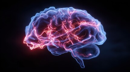 vibrant neon brain with flowing energy waves representing neural activity and cognitive processes in a futuristic digital concept