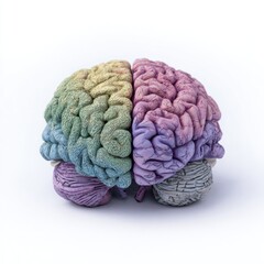 A model of a human brain, bisected, rendered in pastel colors.  The various sections show a spectrum of soft pastel hues across the brain's surface,  representing a stylized anatomical model