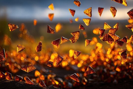 Golden triangular shards cascade against a sunset backdrop