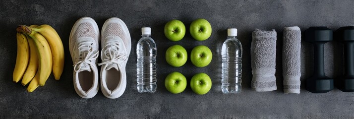 Fitness essentials laid out on a dark gray surface.  Pair of white sneakers, bunch of bananas, green apples, water bottles, gray towels, and black dumbbells