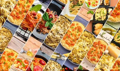 Set of traditional Italian pasta dishes with cheese and vegetables, closeup