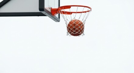 Naklejka premium Basketball dropping through orange hoop and net against a pale background