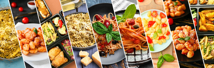 Naklejka na ściany i meble Collage of traditional Italian pasta dishes with cheese and vegetables, closeup Naklejka na ściany i meble Collage of traditional Italian pasta dishes with cheese and vegetables, closeup
