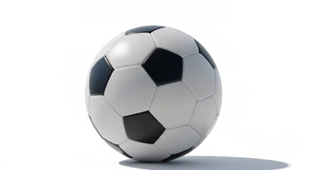 Fototapeta premium Black and white soccer ball with panels, casting a shadow on a white background