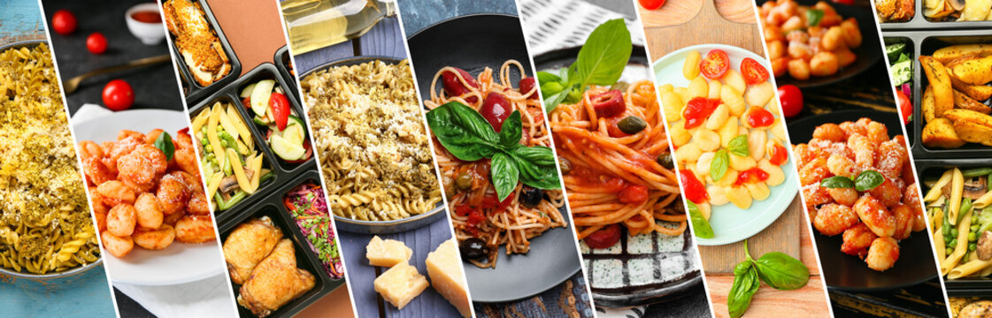 Collage of traditional Italian pasta dishes with cheese and vegetables, closeup - Powered by Adobe