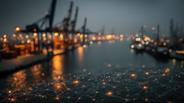 A blurred view of a harbor at dusk, featuring cranes and lights reflecting on the water, conveying a sense of connection and technology.