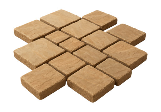 Sturdy square sandstone pavers, ideal for a walkway from the patio to flowerbeds.
