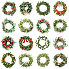 Set of different Christmas wreaths on white background