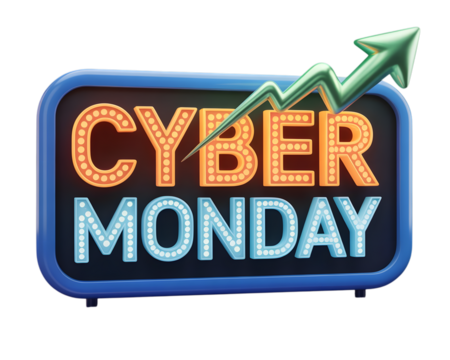 Cyber monday neon sign with upward trending arrow isolated on transparent background