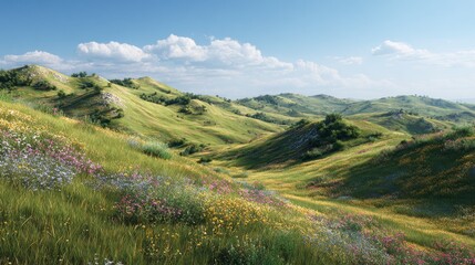 Naklejka premium vibrant pastoral scene of rolling hills and wildflower meadows