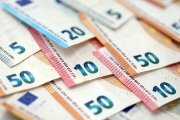 European Union Euro currency money bills. EUR currency banknotes in arrange with different...