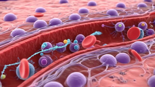 Blood vessel closeup reveals red cells antibodies and intricate vein structure