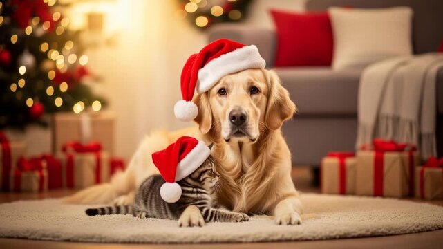 A dog and cat wearing Christmas hats, cozy by the holiday decorations.