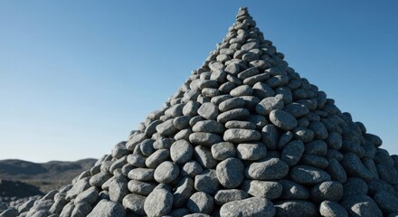 Cairn of rocks stacked high against a bright blue sky