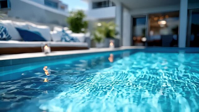 Bright turquoise swimming pool in a luxury home garden with lounge chairs and relaxing atmosphere