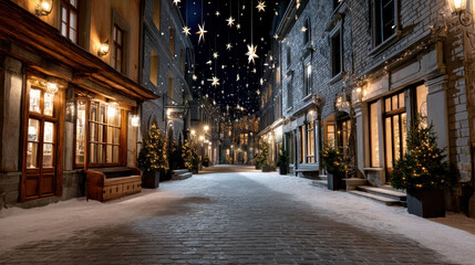 Fototapeta premium A snowy street lined with cozy shops decorated for Christmas, space for text above. Merry Christmas and Happy Holidays greeting card, frame, and banner. New Year. Noel. Winter Christmas theme.