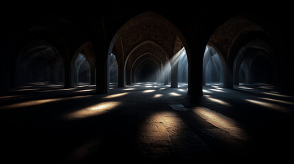 Arched walkway corridor with shadows forming geometric patterns