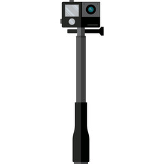 Action Camera Mounted On A Selfie Stick With Black Handle Extended For Photography On A White Background