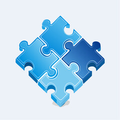 Fototapeta premium Isometric view of four puzzle pieces in various shades of blue