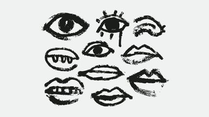 Fototapeta premium Abstract hand-drawn eyes and mouths set, expressive charcoal style illustration. Quirky face features, raw grunge texture elements.