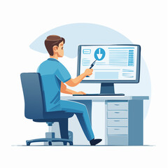 Medical professional reviews data on a computer monitor in a healthcare setting