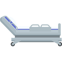 Adjustable hospital bed with wheels and blue mattress in side view on a white background in a flat design style