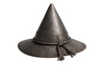 Metal fantasy wizard hat with pointed top and wide brim, worn medieval headwear for magical characters