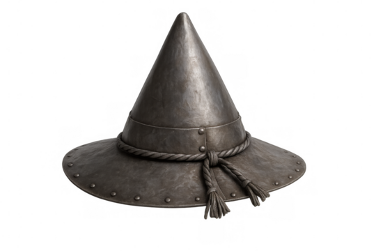 Metal fantasy wizard hat with pointed top and wide brim, worn medieval headwear for magical characters