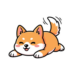Obraz premium Cute Happy Shiba Inu Puppy Lying Down and Wagging Tail Mascot Cartoon Illustration