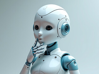 Pensive humanoid robot with hand on chin, contemplating artificial intelligence and the future of technology and automation