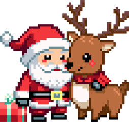 pixel illustration of santa claus and rudolph with gift box