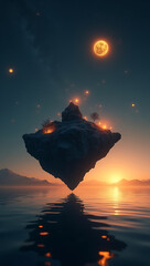 A serene floating island with glowing lights reflects in the calm water under a golden moon at sunset, creating magic