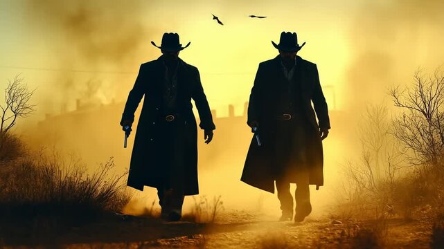 Two armed gunslingers in silhouette walk through a dusty landscape with guns drawn, approaching a showdown &mdash; an epic western cinematic.
