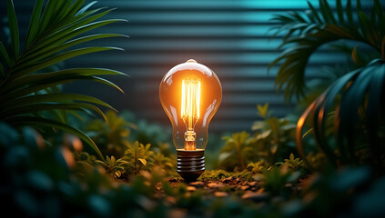 A glowing light bulb surrounded by lush green plants symbolizes innovation and sustainability in a natural environment