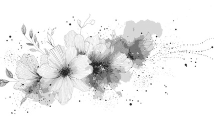 Elegant watercolor floral design in black and white, delicate flowers with ink splashes, artistic monochrome botanical illustration element
