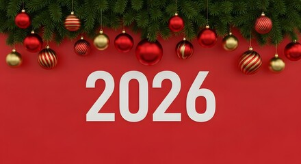 Festive red background with greenery and ornaments celebrating the new year 2026