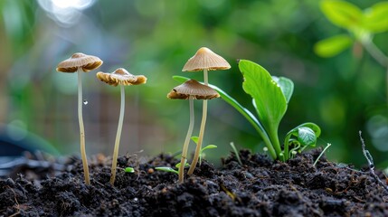 Close-Up of Fresh Mushrooms Growing in Rich Soil Surrounded by Lush Greenery Under Natural Light